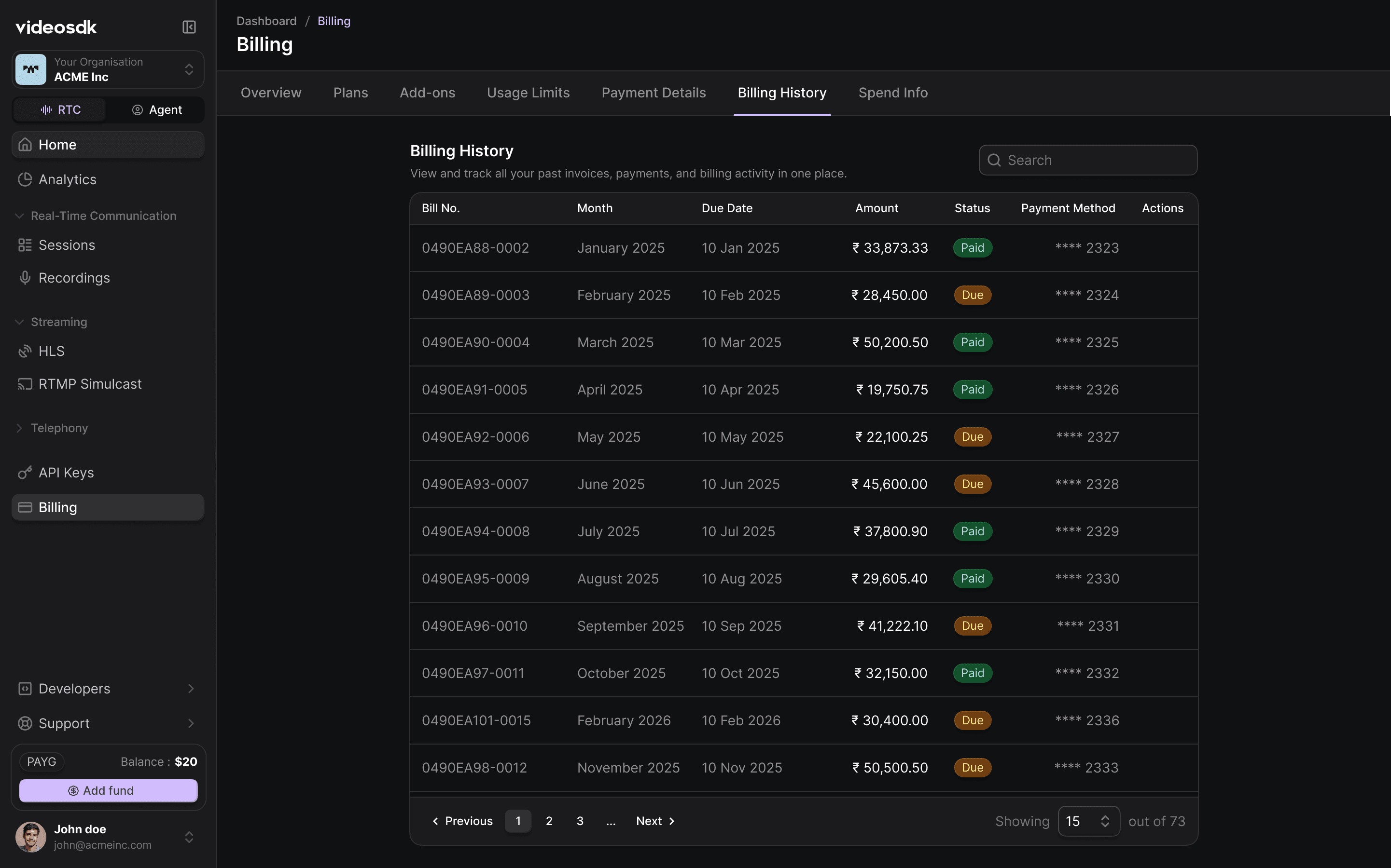 Billing and Invoice History