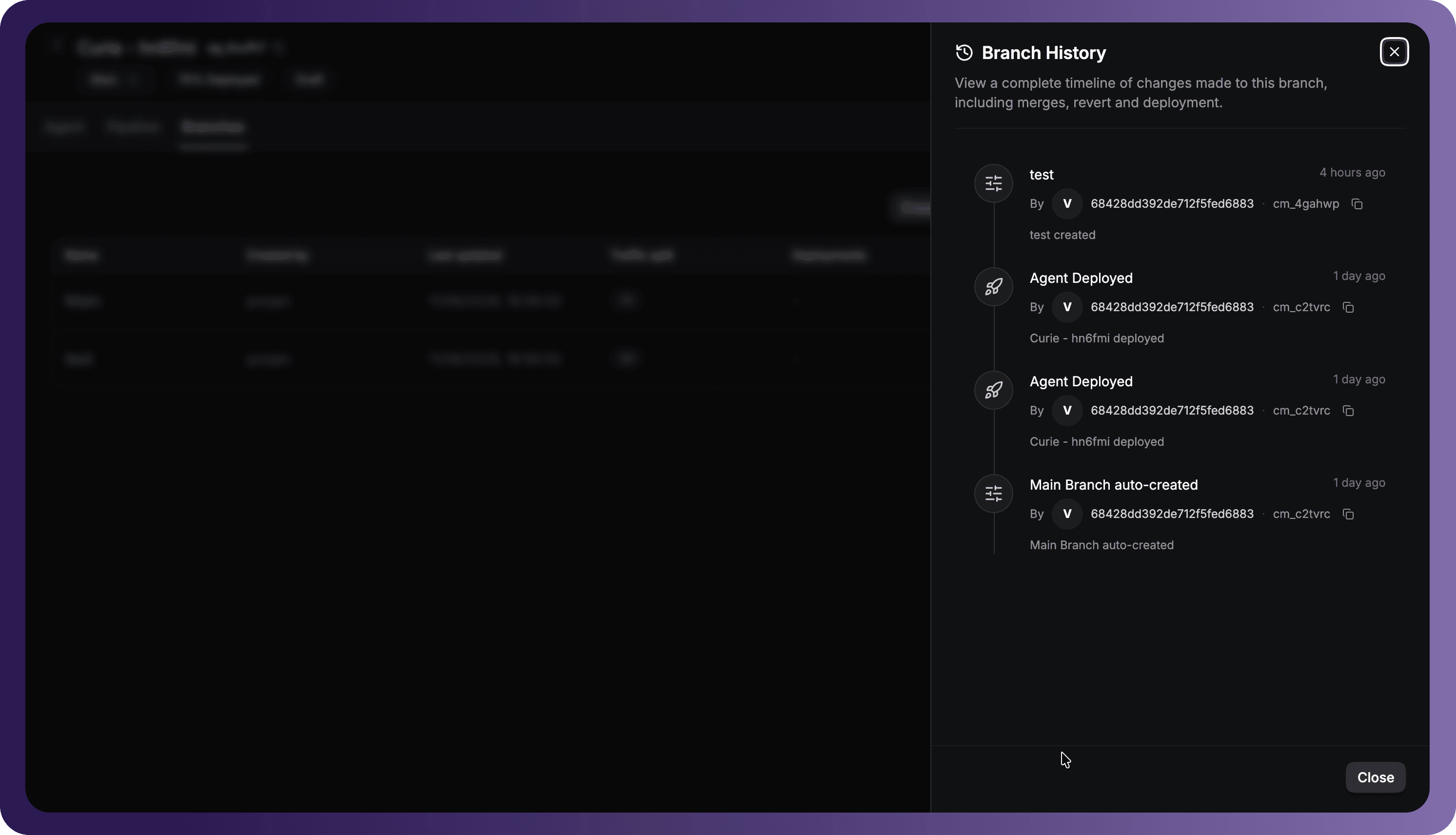 Branch History Timeline and Revert Flow
