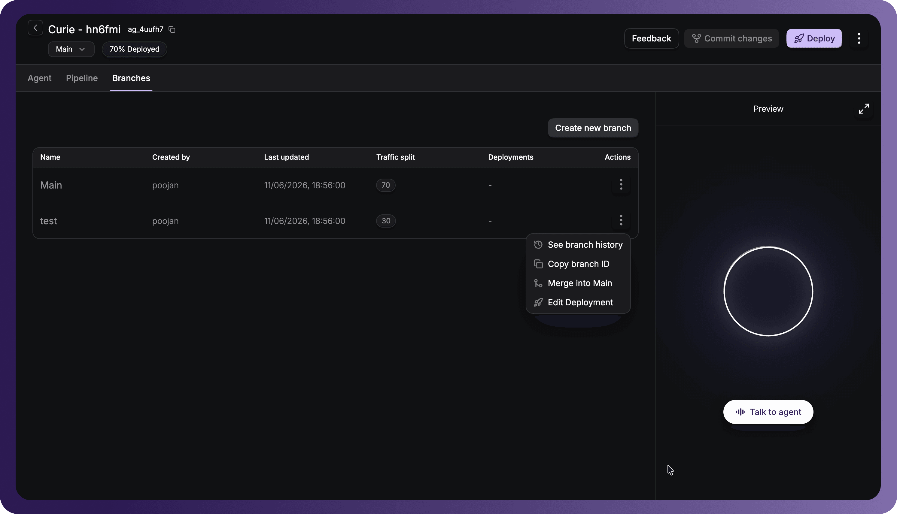 Branches Tab and Actions Menu