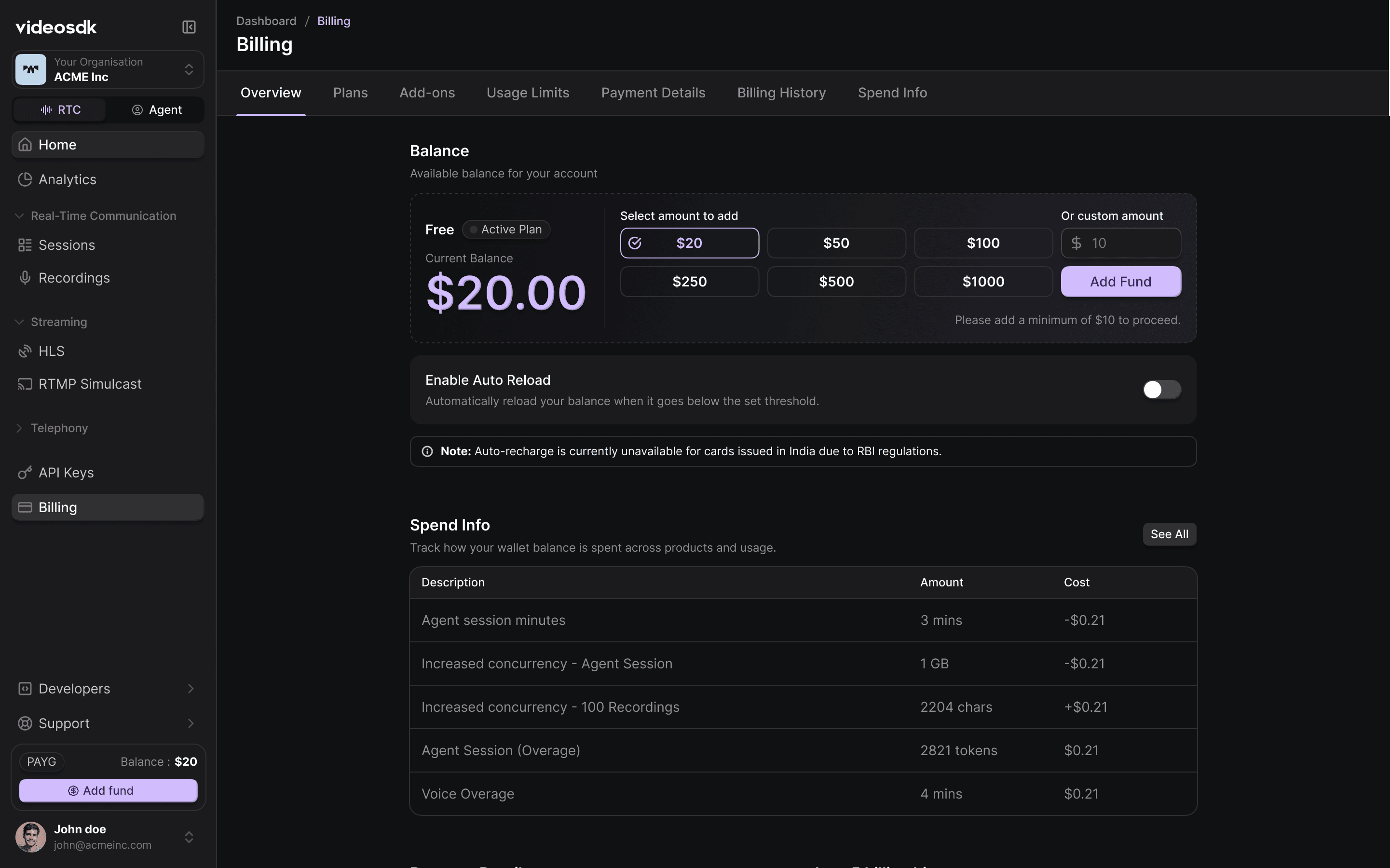 VideoSDK Dashboard Overview