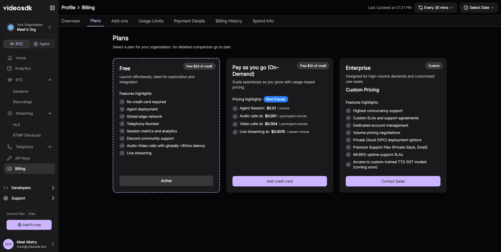 VideoSDK Plans Selection