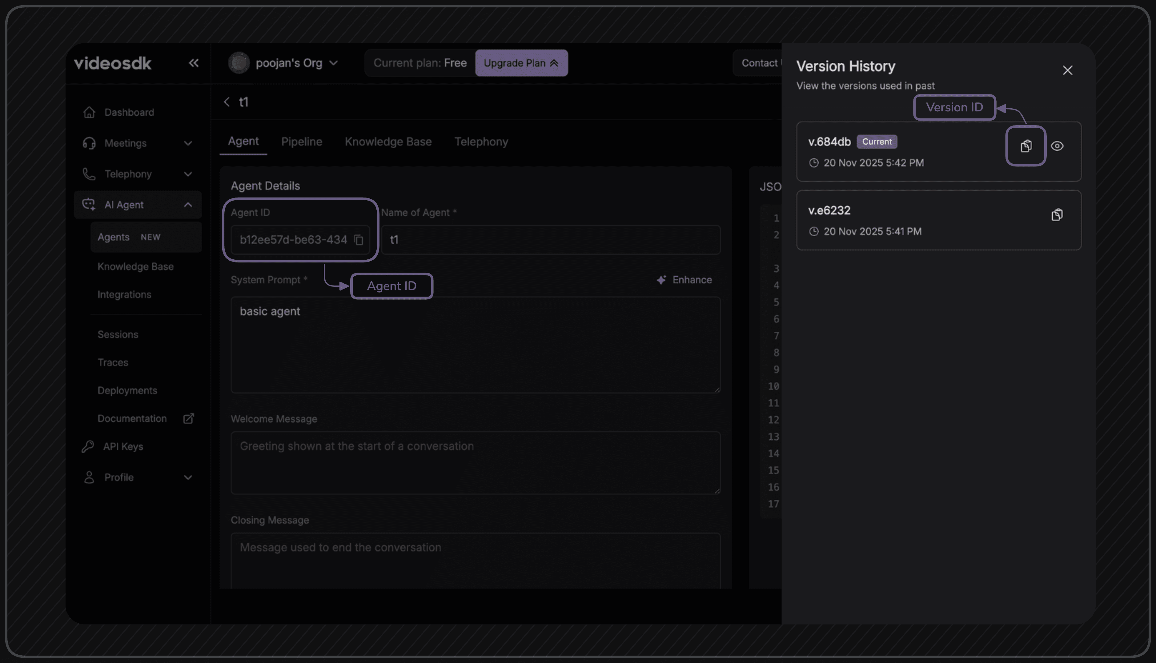 Get agentId and versionId