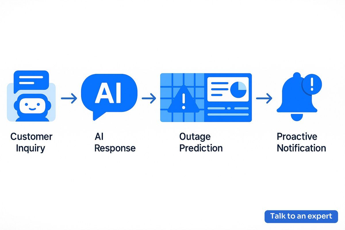 Conversational AI benefits in utilities visualized with smart grids, automated customer support, and operational workflows