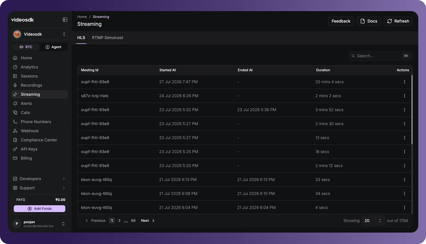 HLS Streaming table