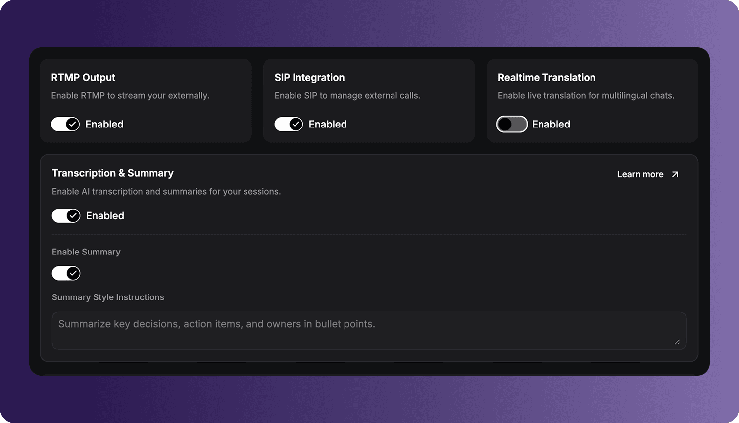 RTMP Output, SIP Integration, Realtime Translation and Transcription & Summary