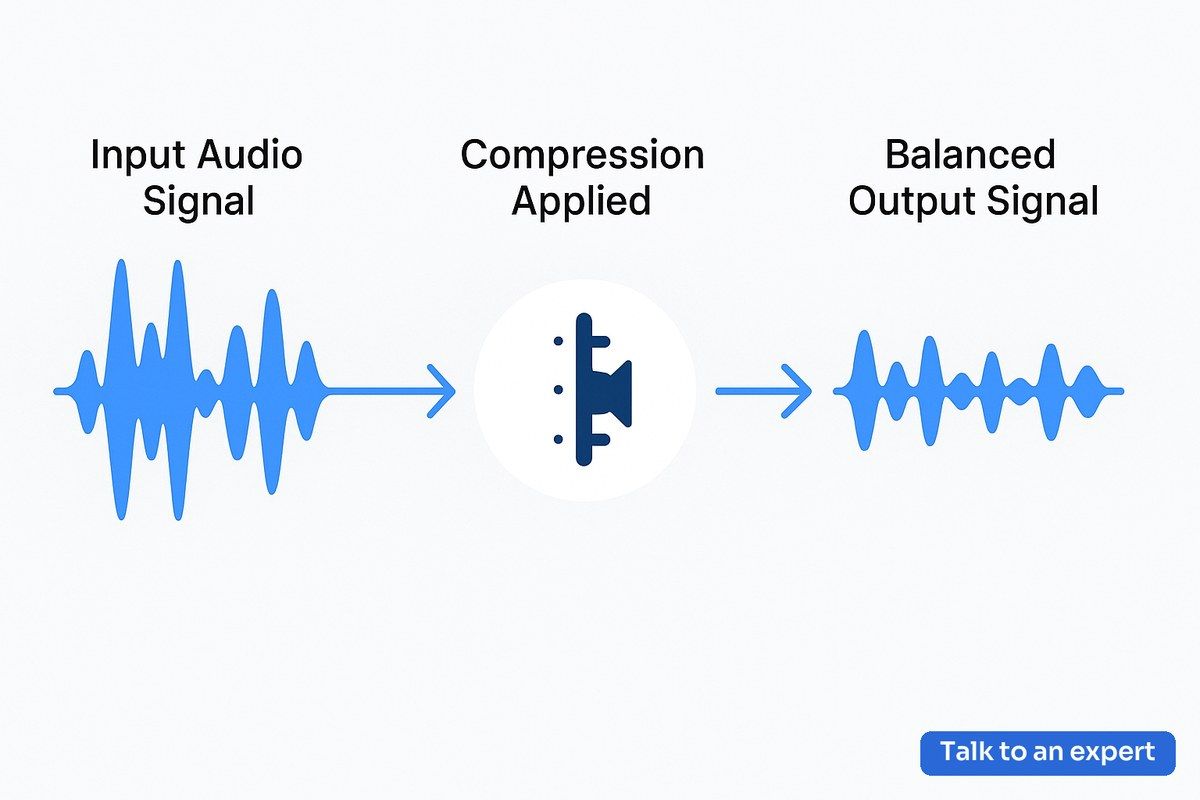 Dynamic range compression waveform diagram showing how audio levels are balanced for clarity