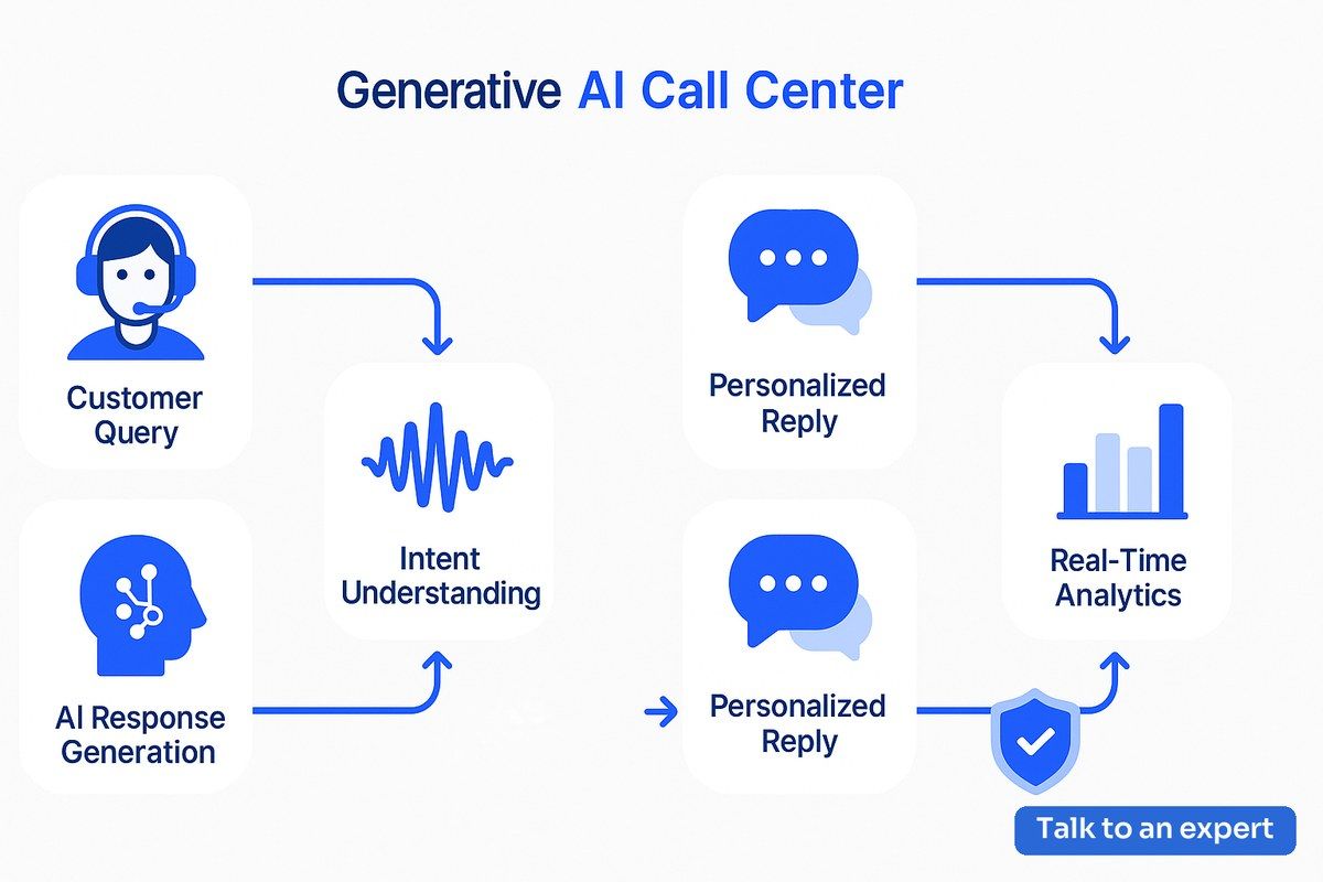 Generative AI call center workflow diagram showing AI-driven customer service process