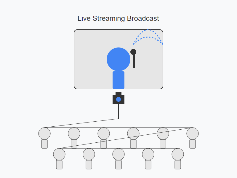 Live streaming broadcast setup with one presenter and many viewers
